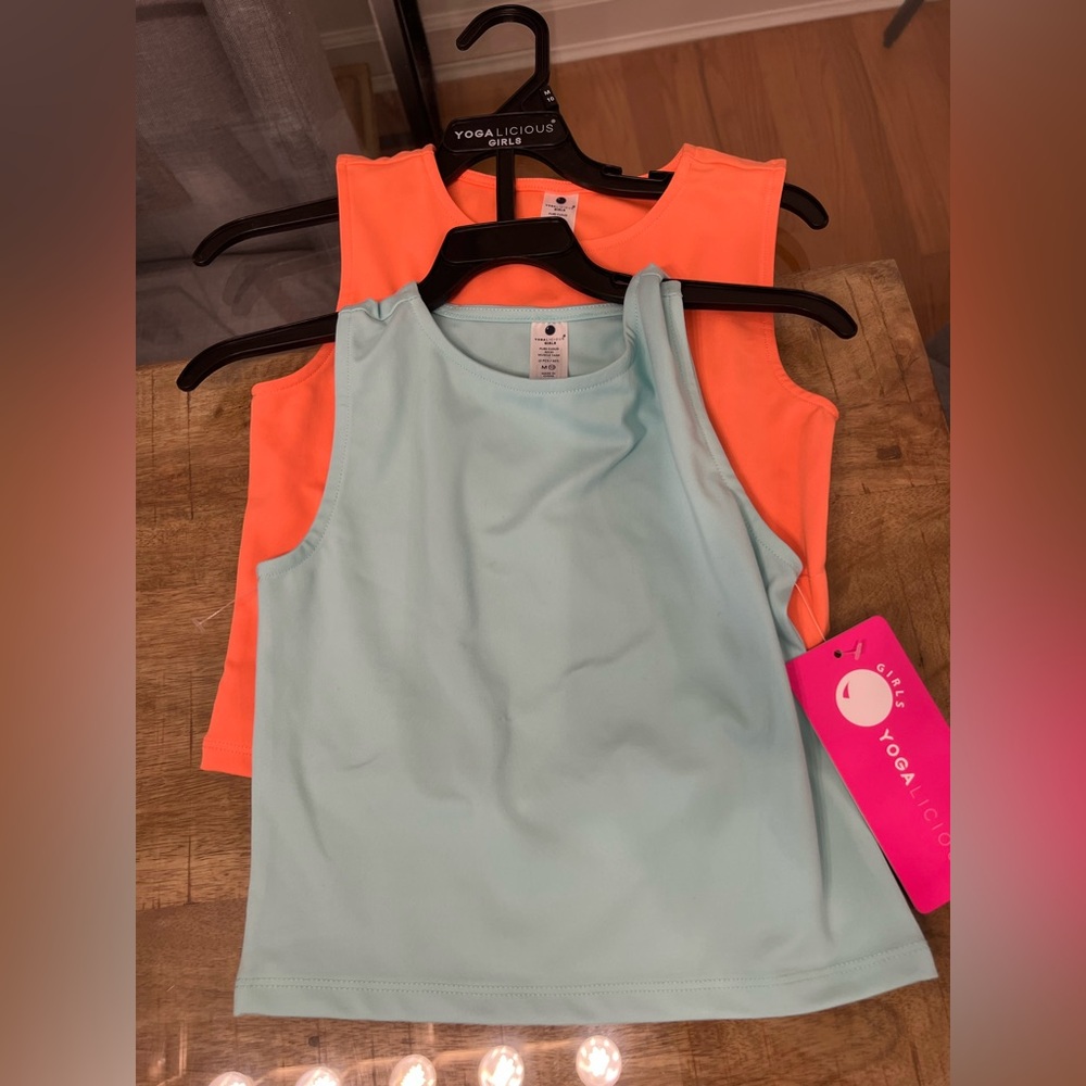 Yogalicious Girls' Sleeveless tank athletic Tops in Coral and Light Blue